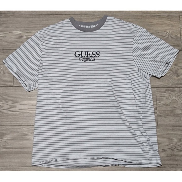 Vintage 90's Guess Jeans USA Embroidered Striped T Shirt Men's XL Gray White - Picture 1 of 8